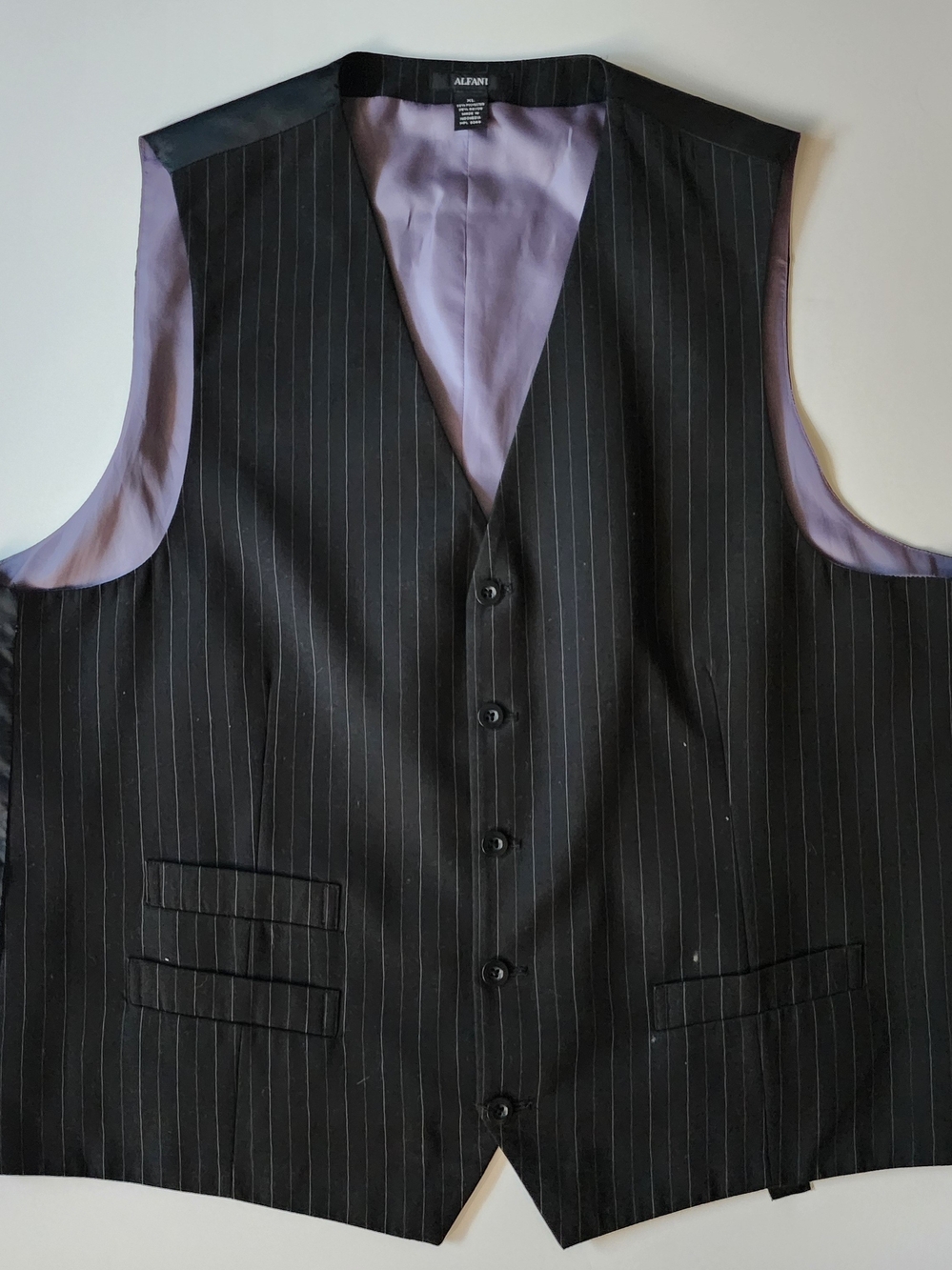 Alfani Black Pinstripe Vest with Purple Lining mens size XL